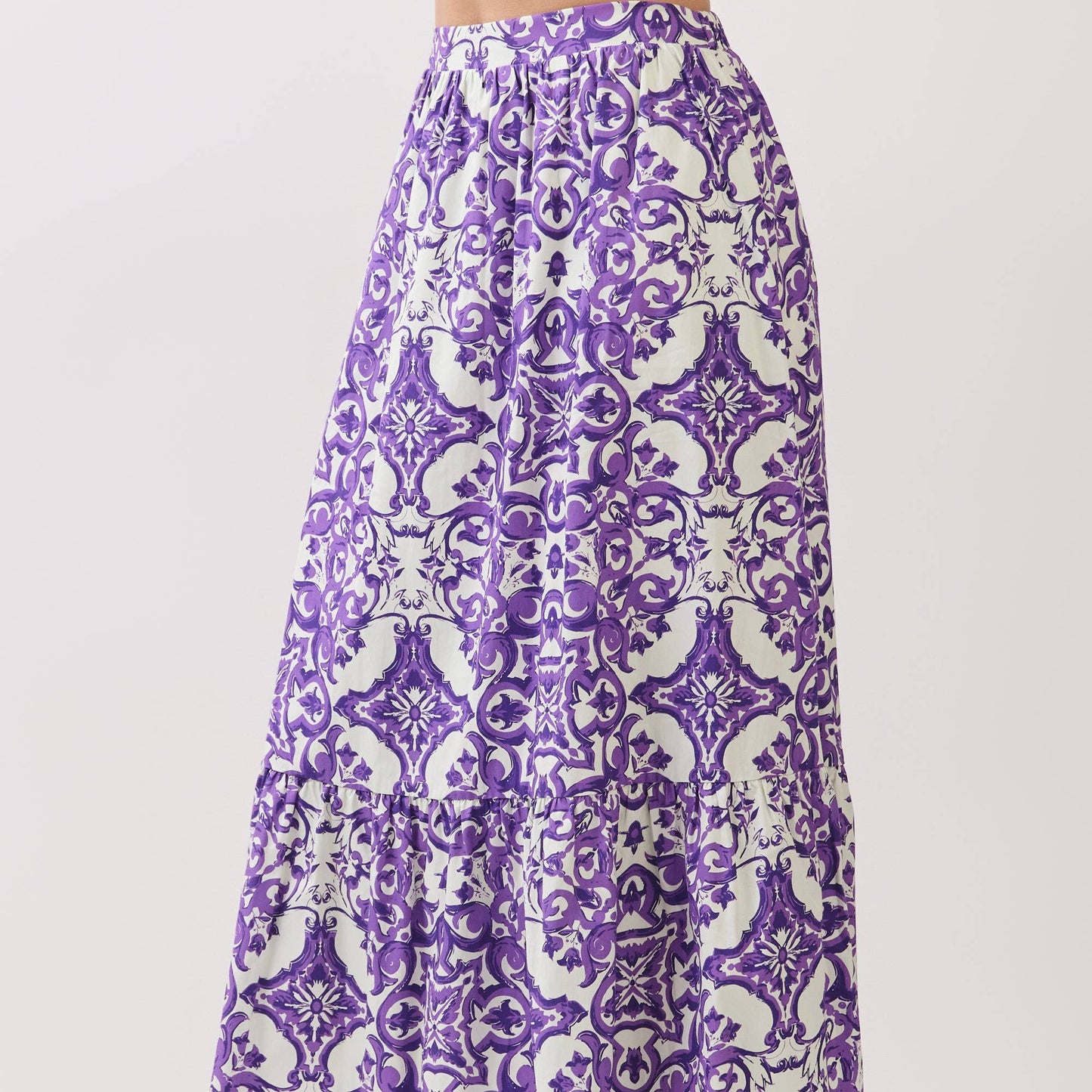 Baroque Print Tiered Midi Skirt