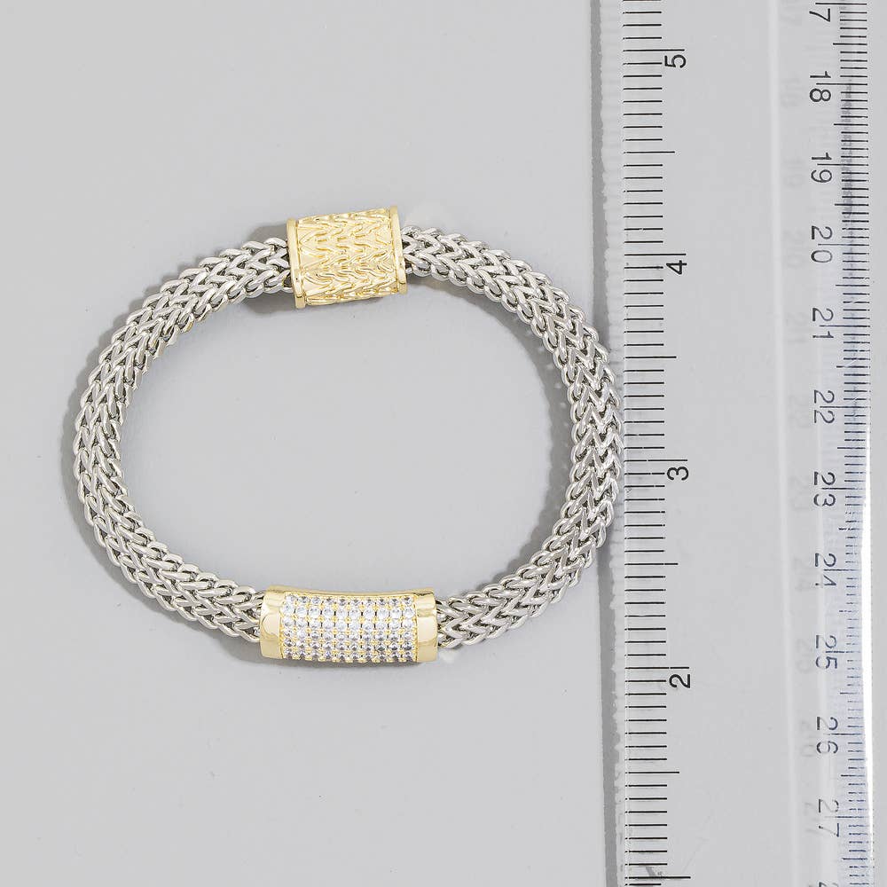 Two Tone Woven Chain Cz Bracelet