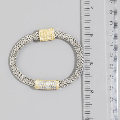 Two Tone Woven Chain Cz Bracelet