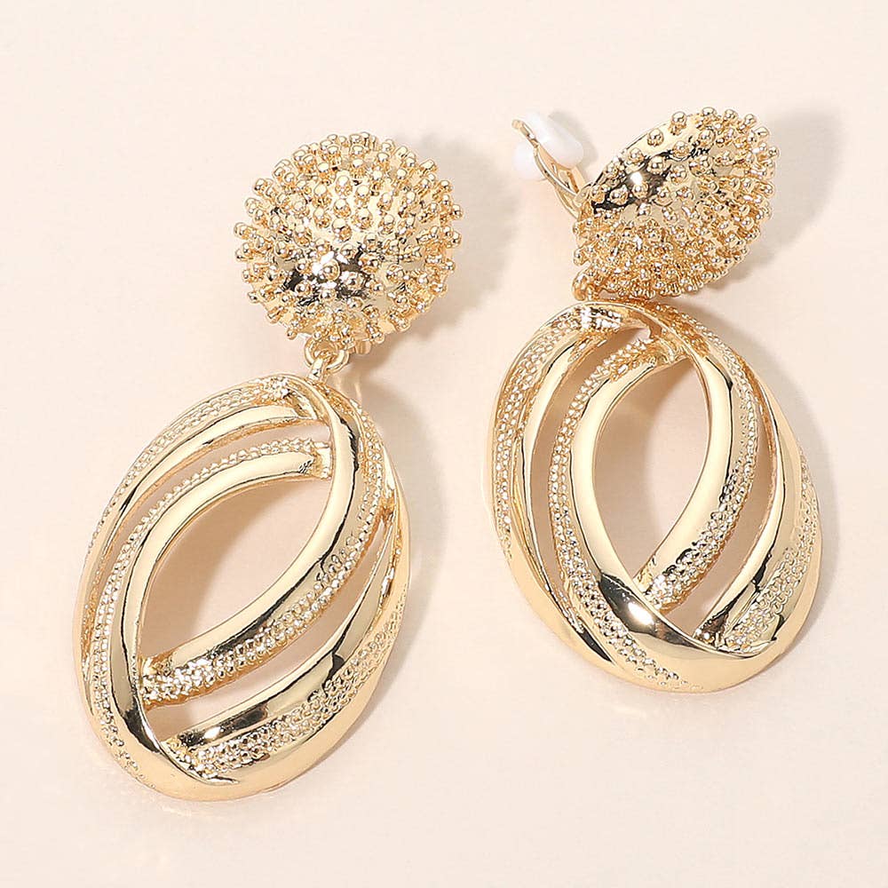 Bold Metal Abstract Oval Drop Clip On Earrings