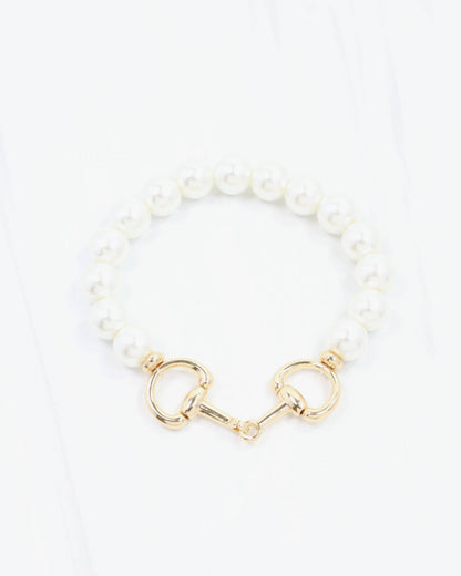 Gigi Pearl Horsebit Stretch Bracelet- Cream- by Caroline Hill