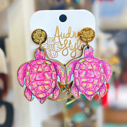 Pink Sea Turtle Dangle Earring Coastal Beach Spring Summer