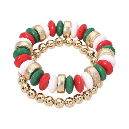 2PCS - Natural Stone Metal Ball Beaded Stretch Double Layered Bracelets