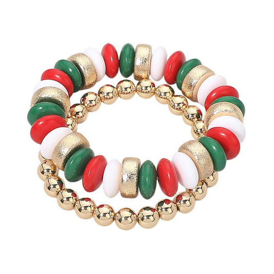 2PCS - Natural Stone Metal Ball Beaded Stretch Double Layered Bracelets