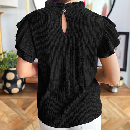Textured Ruffle Trim Short Sleeve Blouse