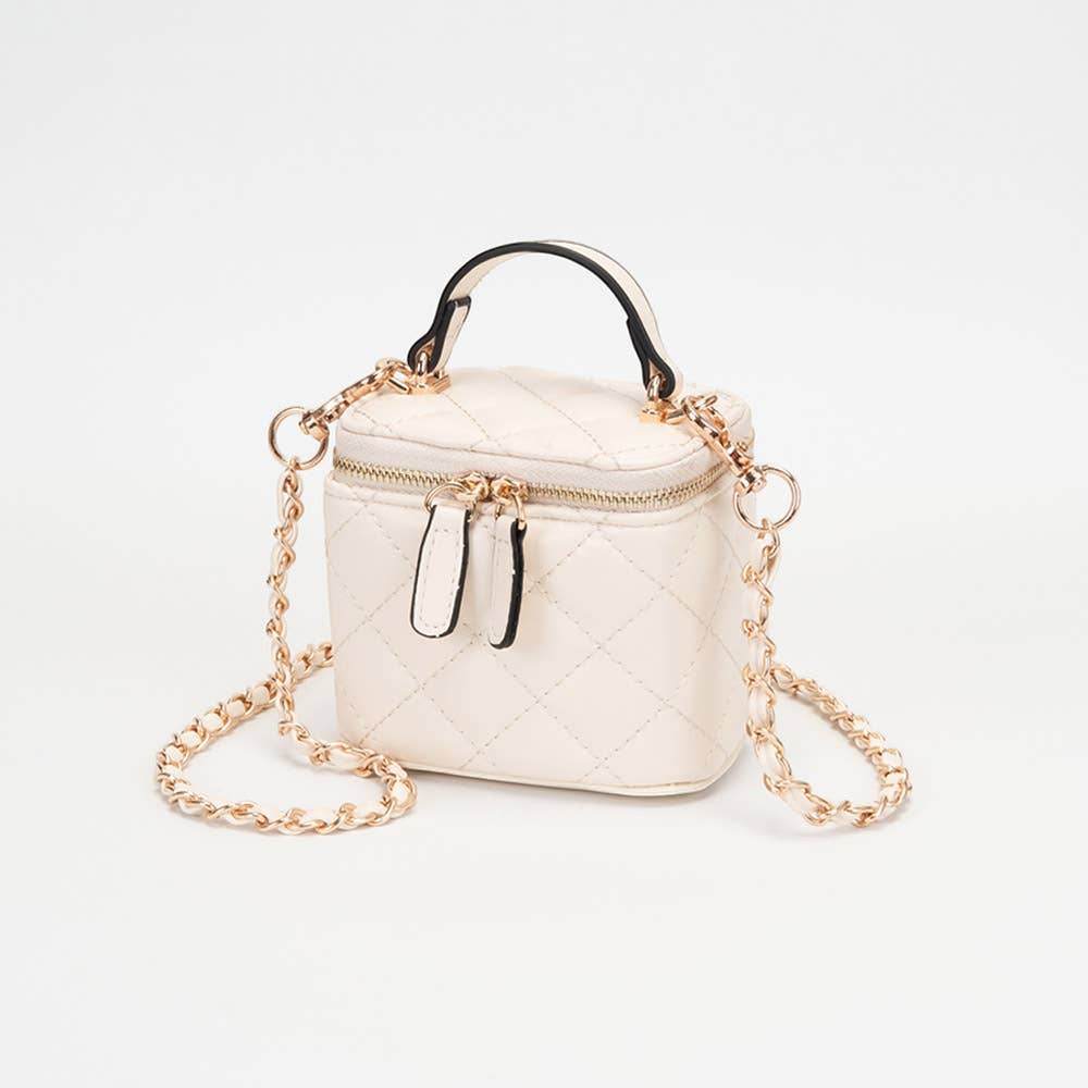 Faux Leather Quilted Top Handle Mini Vanity Box Crossbody Bag