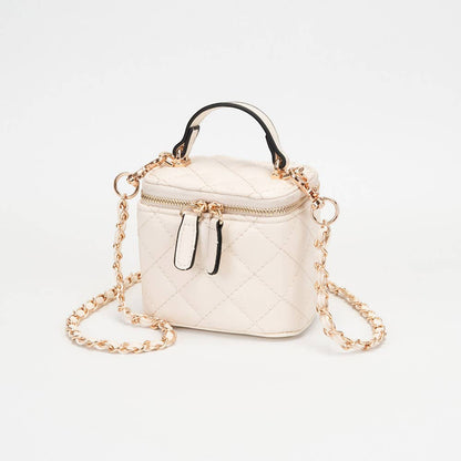 Faux Leather Quilted Top Handle Mini Vanity Box Crossbody Bag