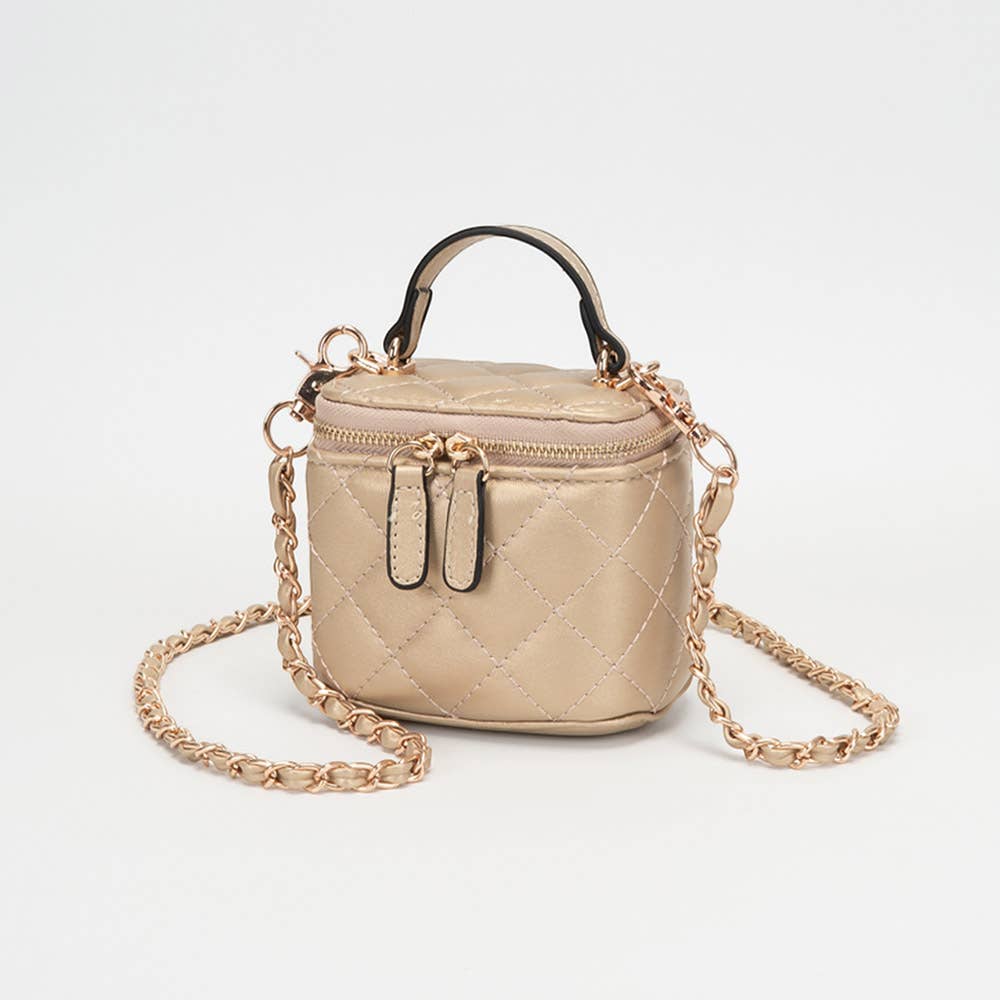 Faux Leather Quilted Top Handle Mini Vanity Box Crossbody Bag