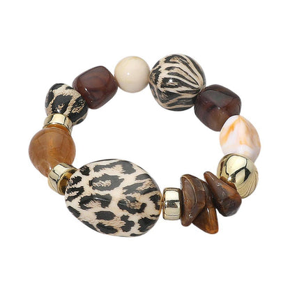 Chunky Leopard Print Pebble Accent Beaded Stretch Bracelet