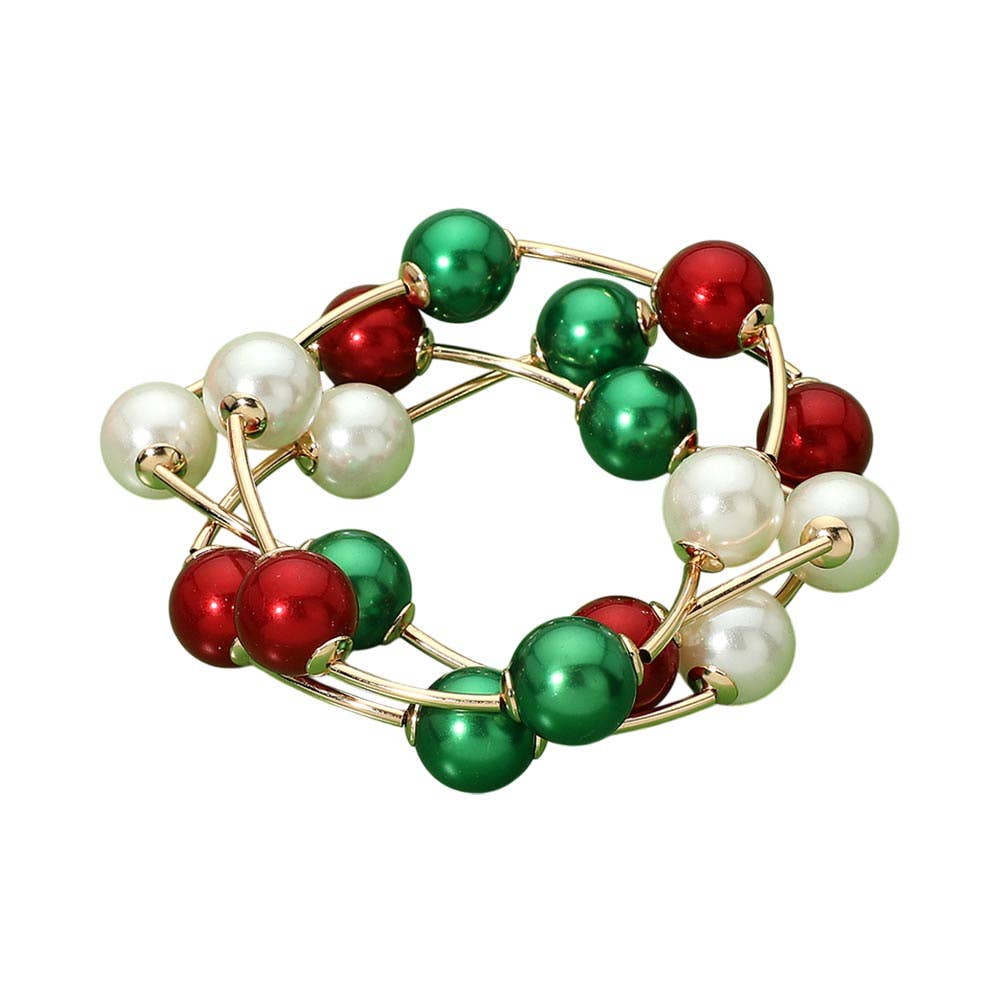 3PCS - Christmas Pearl Ball and Bar Beaded Stretch Multi Layered Bracelets