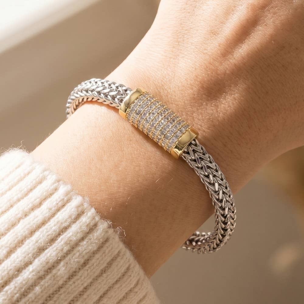 Two Tone Woven Chain Cz Bracelet
