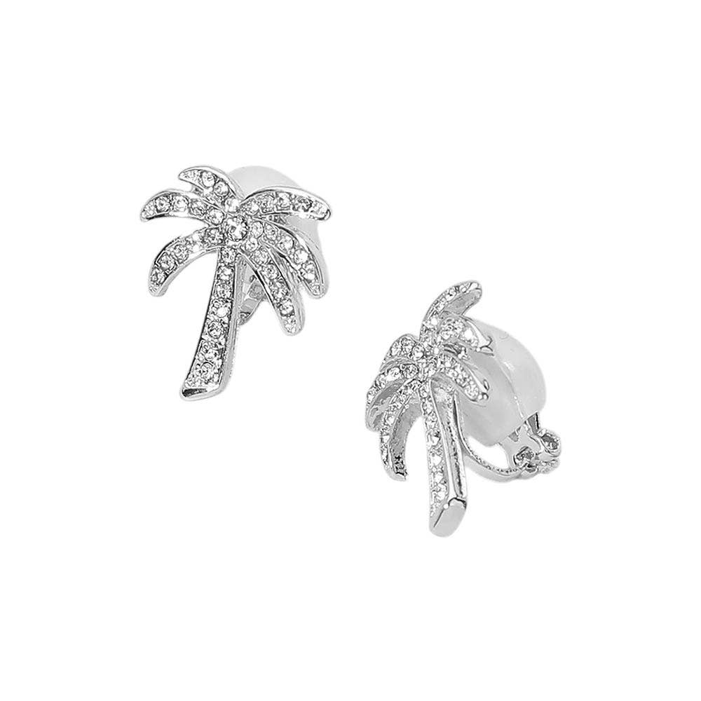 Rhinestone Pave Palm Tree Clip On Earrings