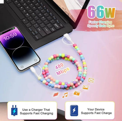 Pink & White Beaded Pearl 4-in-1 Beaded Fast Charging Cable