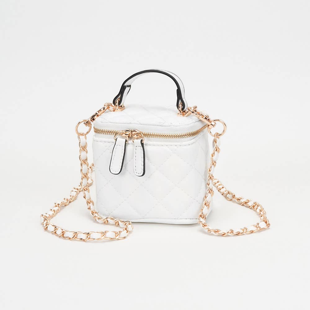 Faux Leather Quilted Top Handle Mini Vanity Box Crossbody Bag
