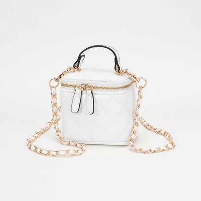 Faux Leather Quilted Top Handle Mini Vanity Box Crossbody Bag