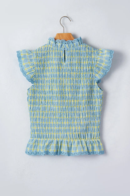 Gingham Smocked Lace Trim Tank Top