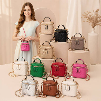 Faux Leather Quilted Top Handle Mini Vanity Box Crossbody Bag