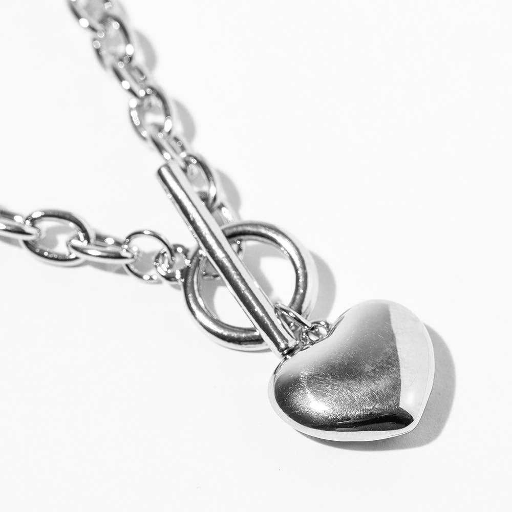 Gold Dipped Chunky Chain Puffy Heart Toggle Pendant Necklace