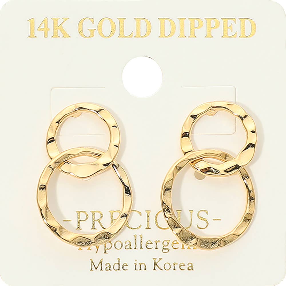 14K Gold Dipped Hammered- Double Circle Drop Earrings