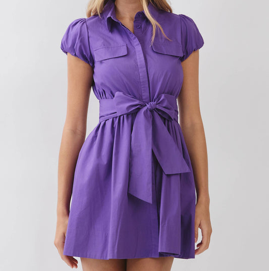 Puff Sleeve Mini Dress with Attached Tie Belt