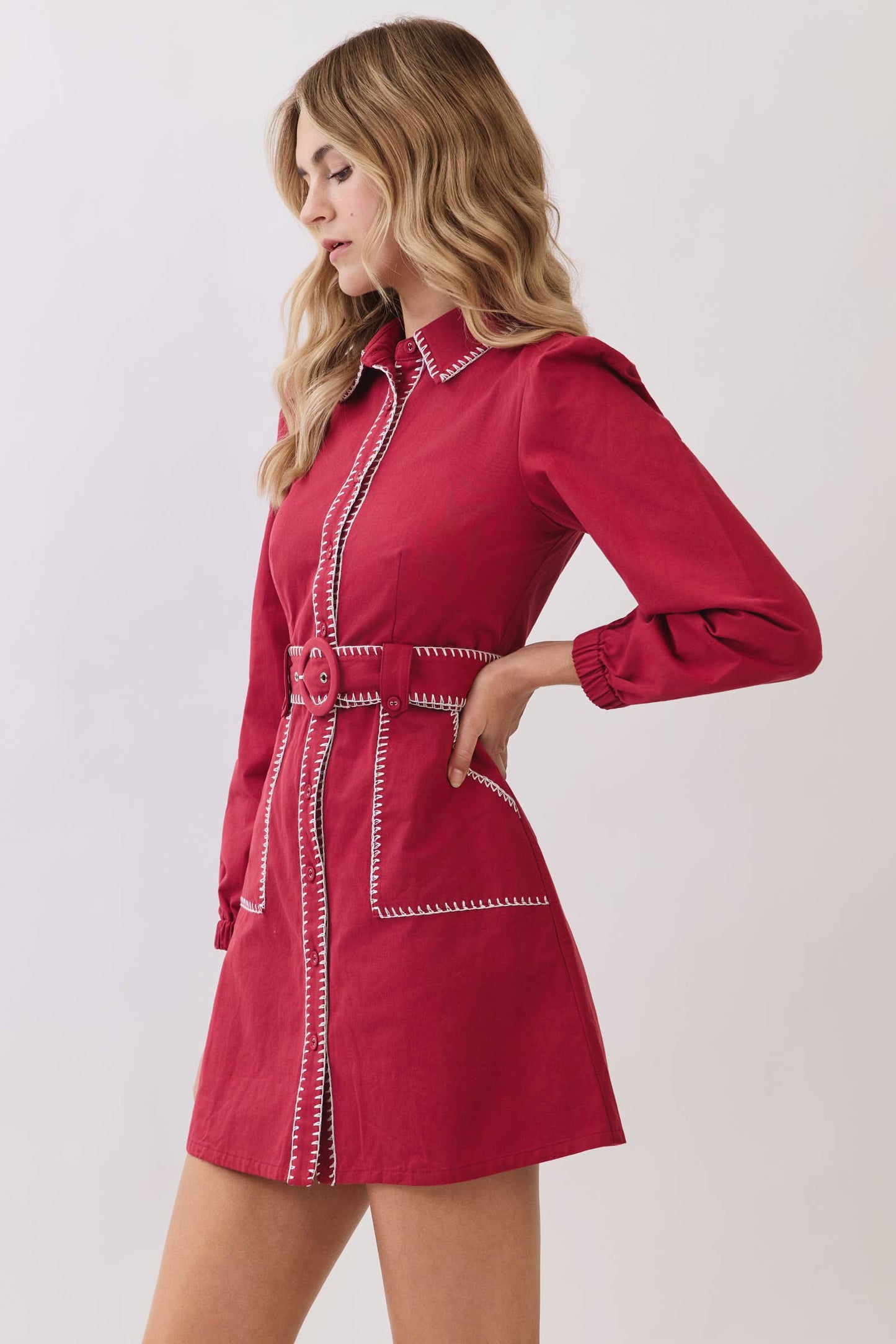 Whipstitch Belted Waist Shirt Dress