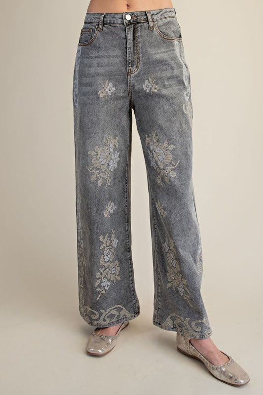 Washed Denium Jeans with Border Embroidery Detailing