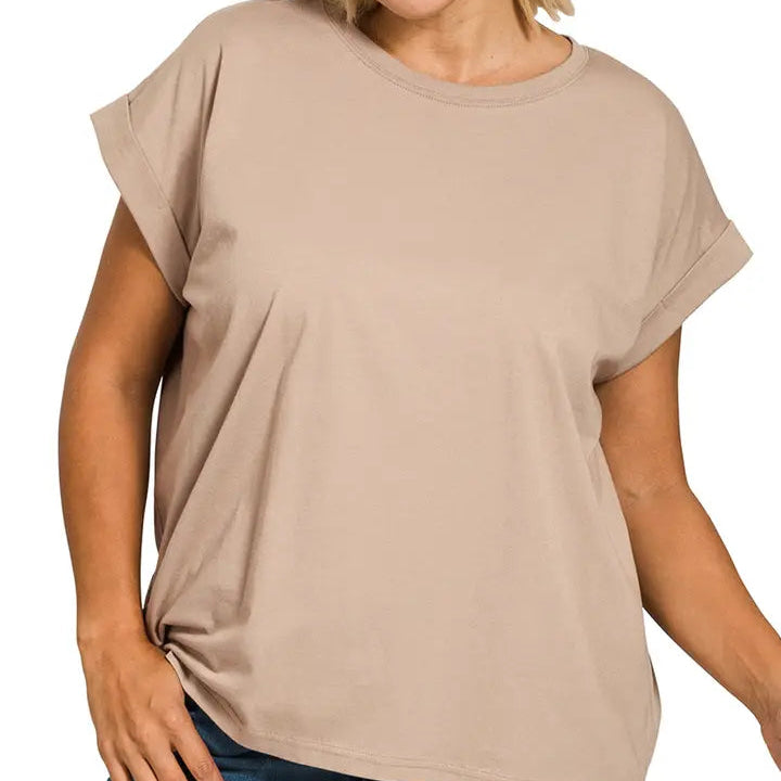Cotton Folded Sleeve T Shirt- Sand