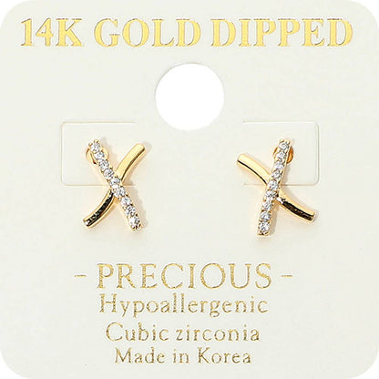 14K Gold Dipped Hypoallergenic CZ Pave X Stud Earrings