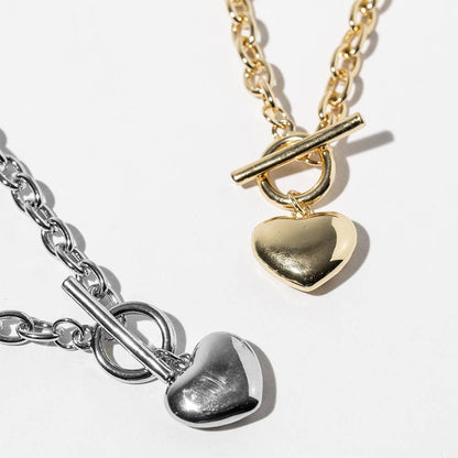 Gold Dipped Chunky Chain Puffy Heart Toggle Pendant Necklace