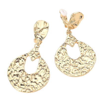 Bold Textured Metal Teardrop Drop Clip On Earrings