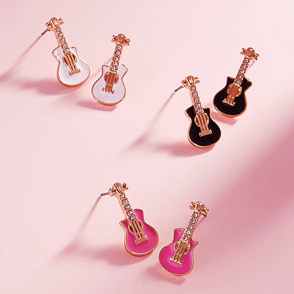 Stone Paved Enamel Guitar Stud Earrings