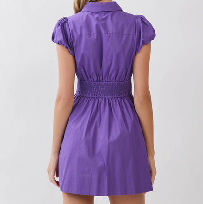 Puff Sleeve Mini Dress with Attached Tie Belt