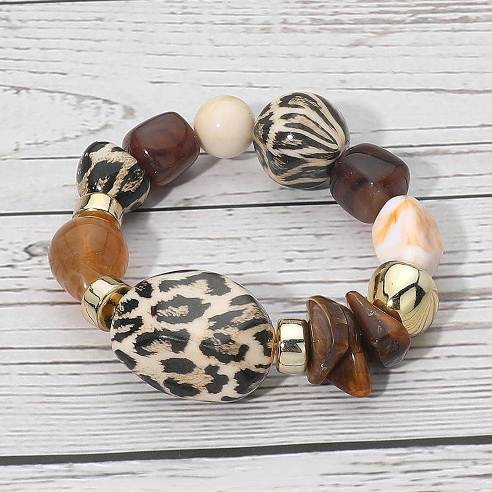 Chunky Leopard Print Pebble Accent Beaded Stretch Bracelet