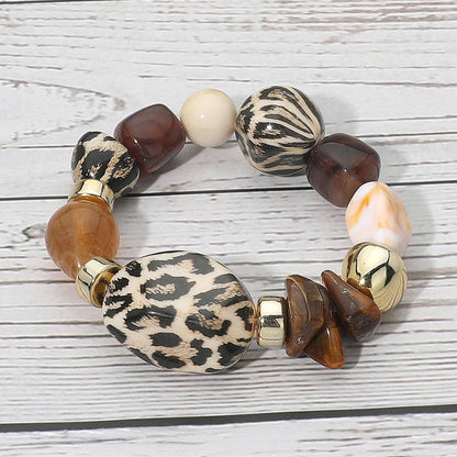 Chunky Leopard Print Pebble Accent Beaded Stretch Bracelet