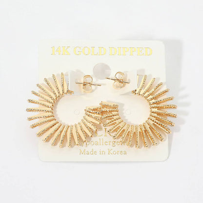 14K Gold Dipped Textured Sunburst Hoop Earrings