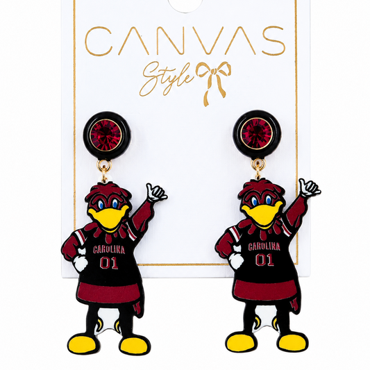 South Carolina Cocky Gamecock Resin Mascot Earrings in Garnet/Black