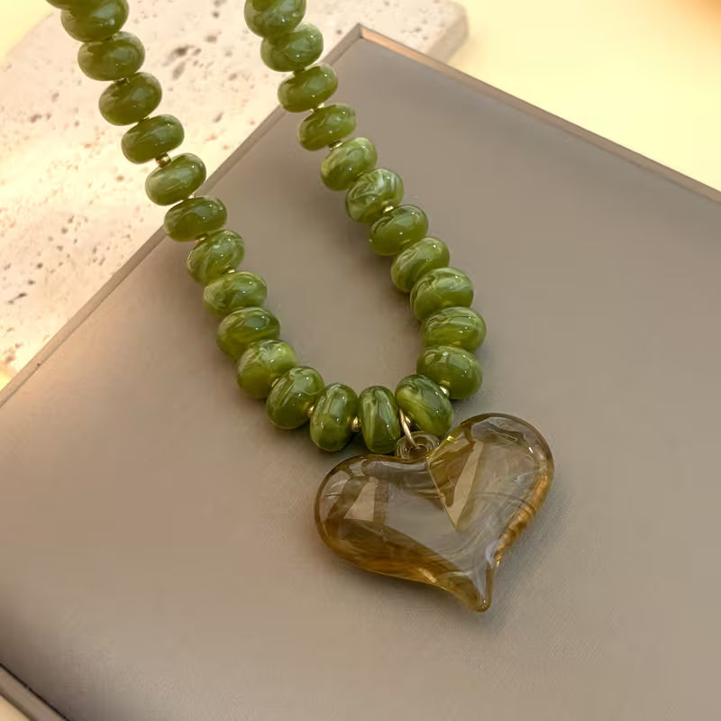 Green Beaded Necklace With Heart Pendant
