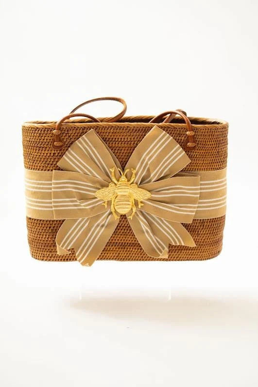 Large Charlotte - Khaki and White Stripe Fluffy Bow with XL Bee