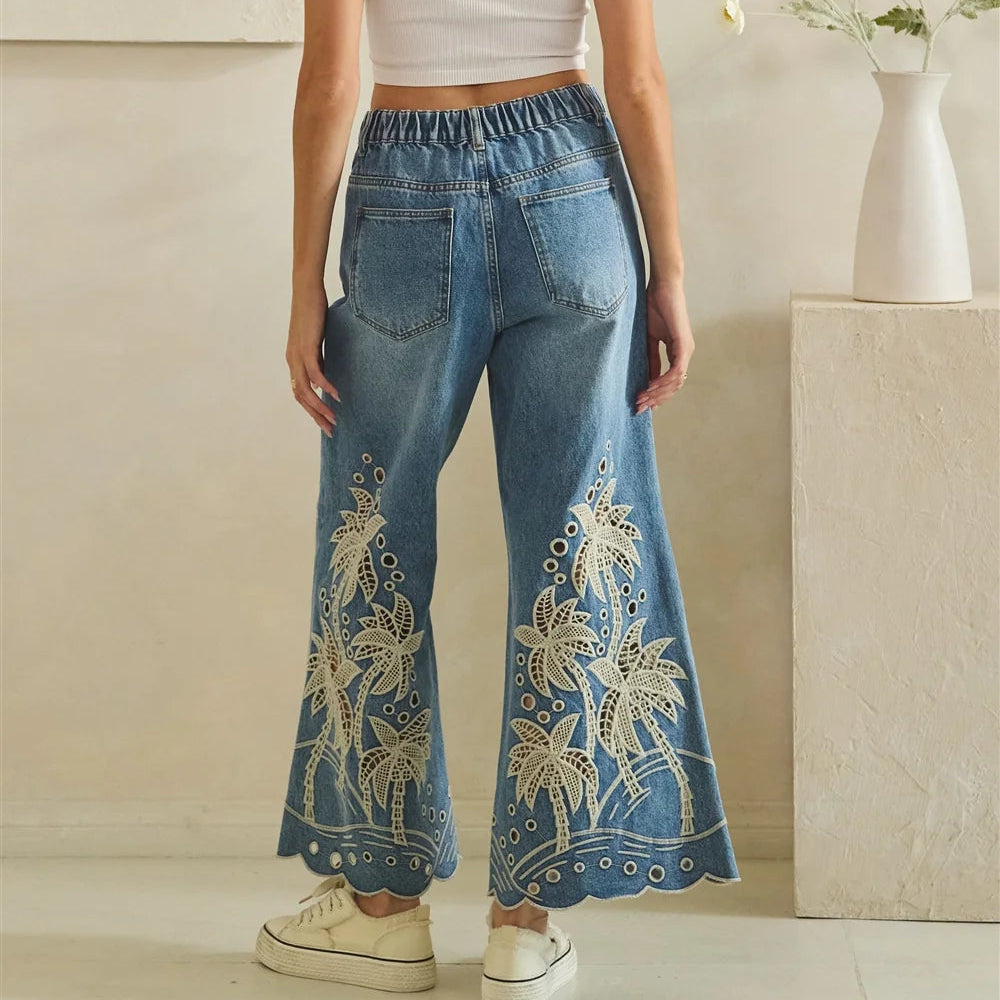 EYELET CUTOUTS PALM TREE FLARED PANTS
