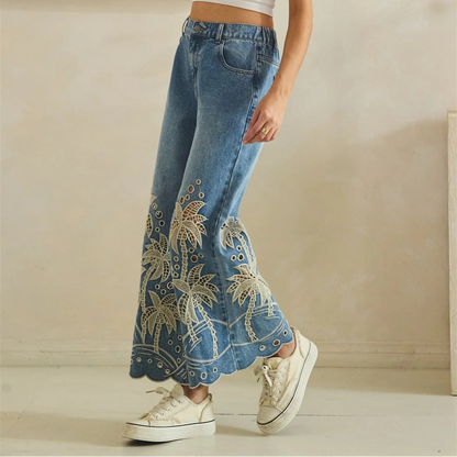 EYELET CUTOUTS PALM TREE FLARED PANTS