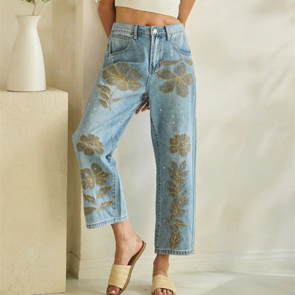 WASHED FLORAL EMBROIDERED DENIM PANTS