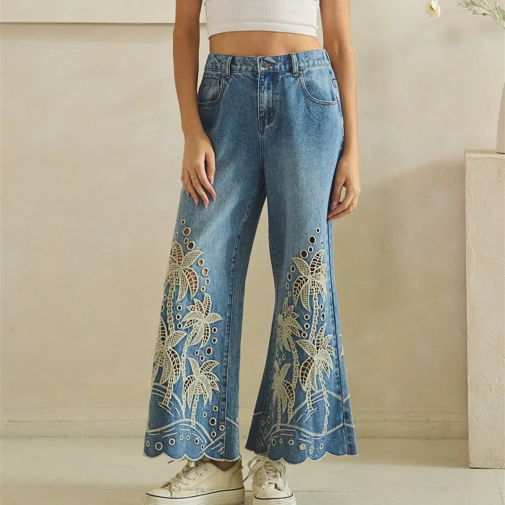 EYELET CUTOUTS PALM TREE FLARED PANTS