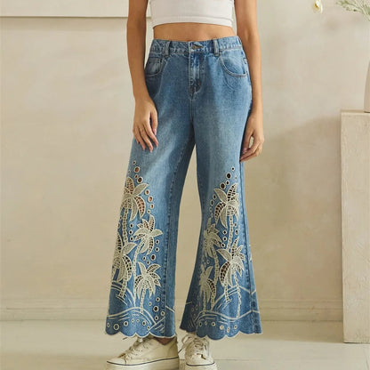 EYELET CUTOUTS PALM TREE FLARED PANTS