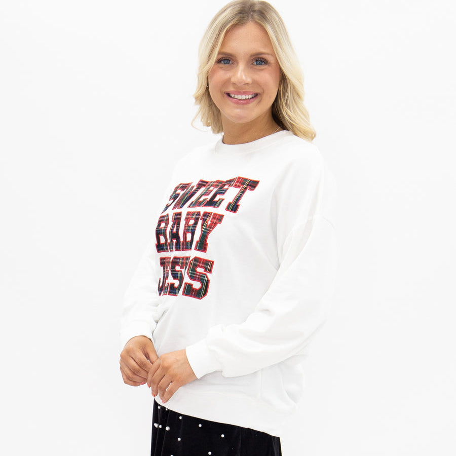Sweet Baby Jesus" on White Longsleeve Top by Grace+Emma