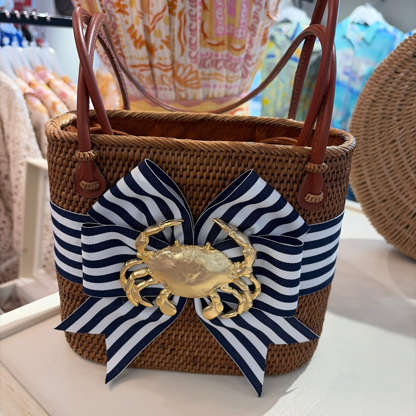 Medium Charlotte- Navy & White Striped Fluffy Bow with Crab