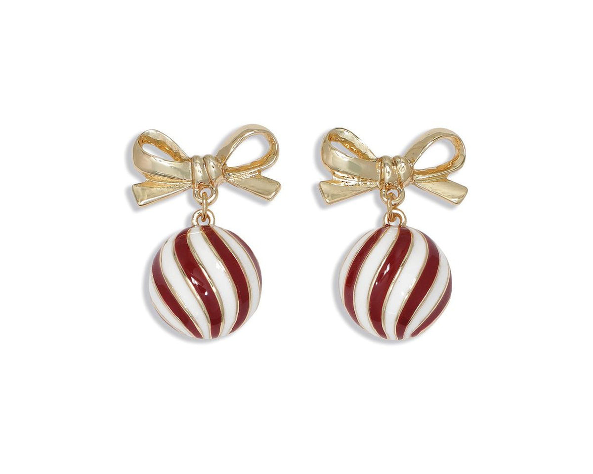 Gold Bow Earrings w/Holiday Red Ornaments by Periwinkle