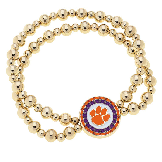 Clemson Tigers Pave Disc 2-Row Ball Bead Stretch Bracelet in Shiny Gold