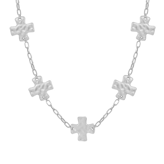 Hammered Metal Cross Station Chain Short Necklace