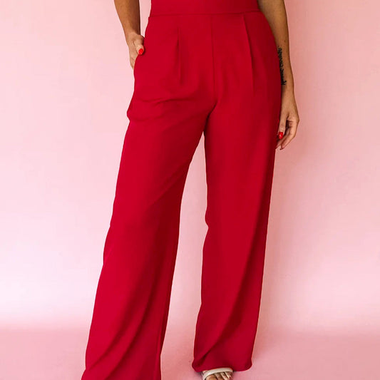 Fiery Red Pleated Straight Leg Pant