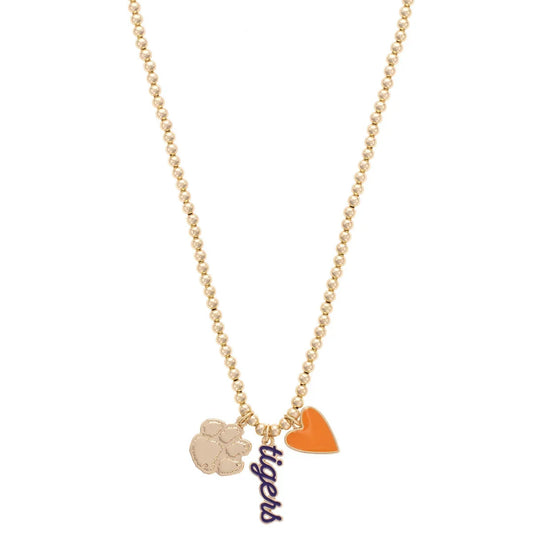Clemson Tigers Ball Bead Charm Necklace in Shiny Gold